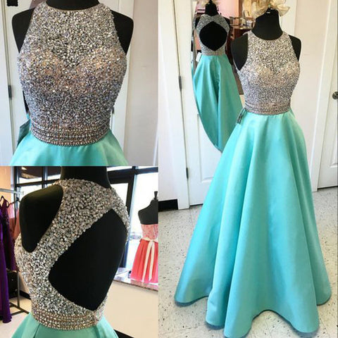 High Neck Backless Mint Open Back Long Grad Dress Ball Gown Prom Dresses