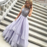 Lavender Fashion High Neck Tiered Evening Gowns Prom Dresses
