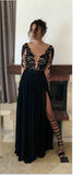 Black Lace Slit Sexy Long Sleeves Deep V Neck Evening Formal Women Dress Long Prom Dresses