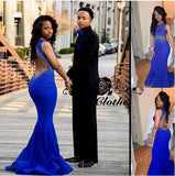 Royal Blue Mermaid Long Evening Backless Prom Dresses