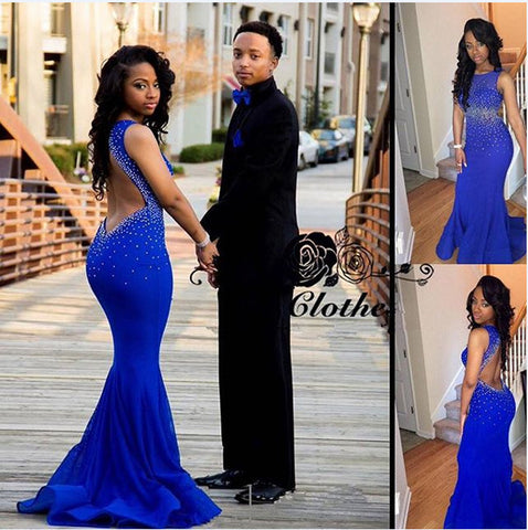 Royal Blue Mermaid Long Evening Backless Prom Dresses