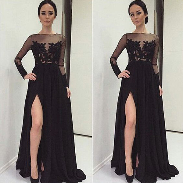 Front Slit Black Lace Long Sleeves Evening Gowns Prom Dresses