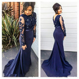 Long Sleeves Navy Blue Lace Mermaid Evening Gowns Mother of the Bride Dress Prom Dresses