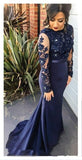 Long Sleeves Navy Blue Lace Mermaid Evening Gowns Mother of the Bride Dress Prom Dresses