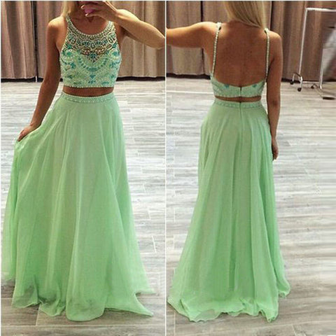 Two Piece Backless Spaghetti Straps Mint Chiffon Evening Prom Dresses