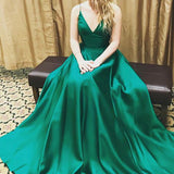 Elegant Spaghetti Straps Green Satin V Neck Evening Gowns Prom Dress