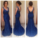 Dark Blue Mermaid Lace V Neck Backless Evening Gowns Prom Dresses