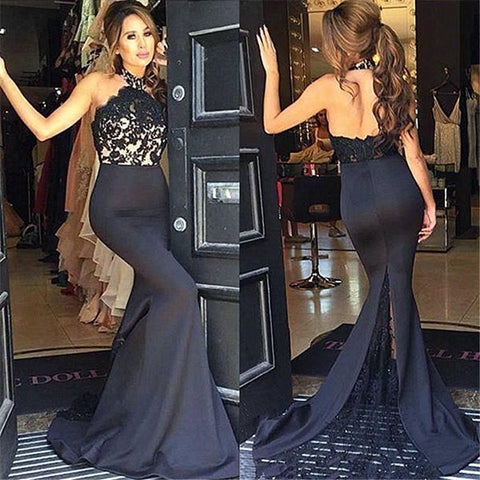 Mermaid Black Backless Lace Halter Long Evening Gowns Prom Dress