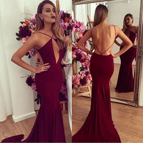 Mermaid Sexy Open Back Burgundy Deep V Neck Evening Prom Dress