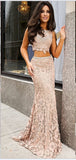 Blush Pink Backless Lace 2 Piece Mermaid Long Evening Dresses Prom Dress
