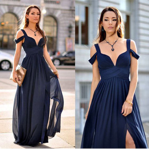 Off the Shoulder V Neck Navy Blue Slit Evening Gowns Prom Dress