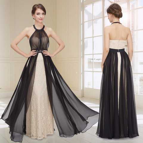 Halter Lace Backless Black Long Evening Gowns Prom Dresses