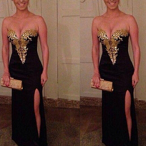 Chiffon Gold Beaded Black Mermaid Slit Evening Gowns Prom Dress