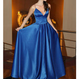 Elegant Royal Blue Spaghetti Straps V Neck Evening Prom Dresses