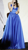 Elegant Royal Blue Spaghetti Straps V Neck Evening Prom Dresses