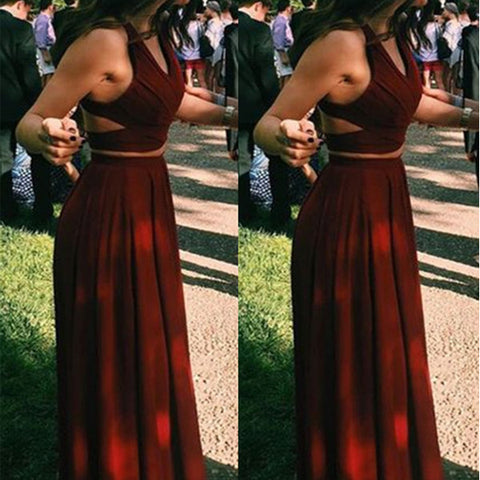 Burgundy Two Pieces V Neck Long New Evening Gowns Prom Dress