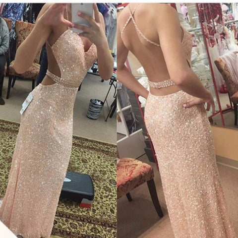 Spaghetti Straps Backless Pink Sequin Mermaid Evening Prom Dress