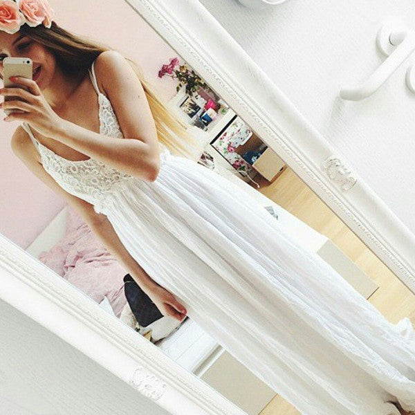 White Lace Spaghetti Straps Backless Long Evening Gowns Prom Dresses