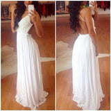 White Lace Spaghetti Straps Backless Long Evening Gowns Prom Dresses
