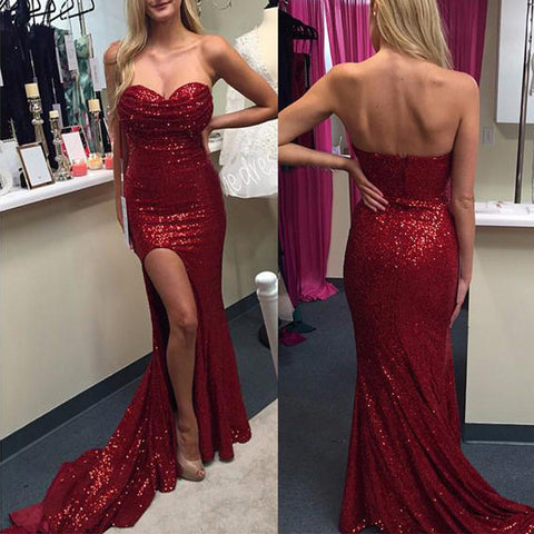 Front Slit Burgundy Sequin Mermaid Long Evening Prom Dresses