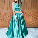 Satin Simple 2 Piece Green Ball Gown Evening Prom Dresses With Pocket