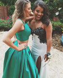 Satin Simple 2 Piece Green Ball Gown Evening Prom Dresses With Pocket