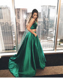 Satin Simple 2 Piece Green Ball Gown Evening Prom Dresses With Pocket