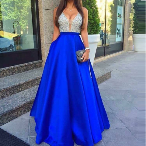 Beaded Royal Blue V Neck Long Evening Gowns Prom Dresses