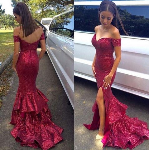 Backless Slit Short Sleeves Burgundy Sequin Mermaid Prom Dress