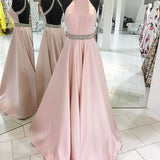 High Neck Pink Satin Backless Long Evening Gowns Prom Dresses