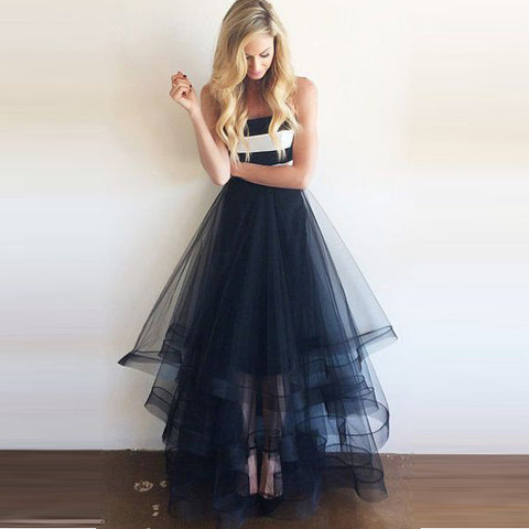 Navy Blue White Satin Skirt Tiered Long Evening Gowns Prom Dress