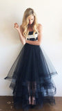 Navy Blue White Satin Skirt Tiered Long Evening Gowns Prom Dress