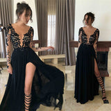 Long Sleeves New Arrival Black Lace Slit Sexy Evening Prom Dresses