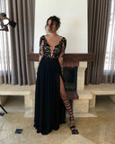 Long Sleeves New Arrival Black Lace Slit Sexy Evening Prom Dresses