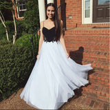 Spaghetti Straps Black White Chiffon A Line Long Evening Prom Dress