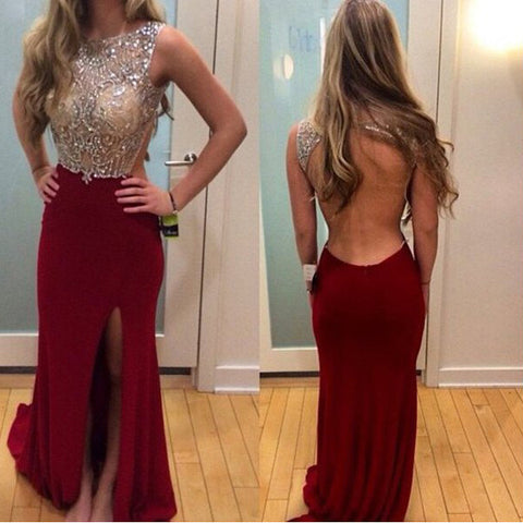 Open Back Mermaid Burgundy Front Slit Evening Gowns Prom Dresses