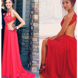 Red Lace High Neck Spaghetti Straps Backless Evening Prom Dresses