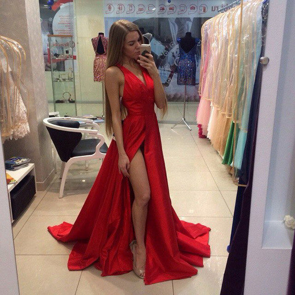 Front Slit V Neck Halter Red Elegant Evening Gowns Prom Dresses