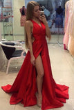 Front Slit V Neck Halter Red Elegant Evening Gowns Prom Dresses