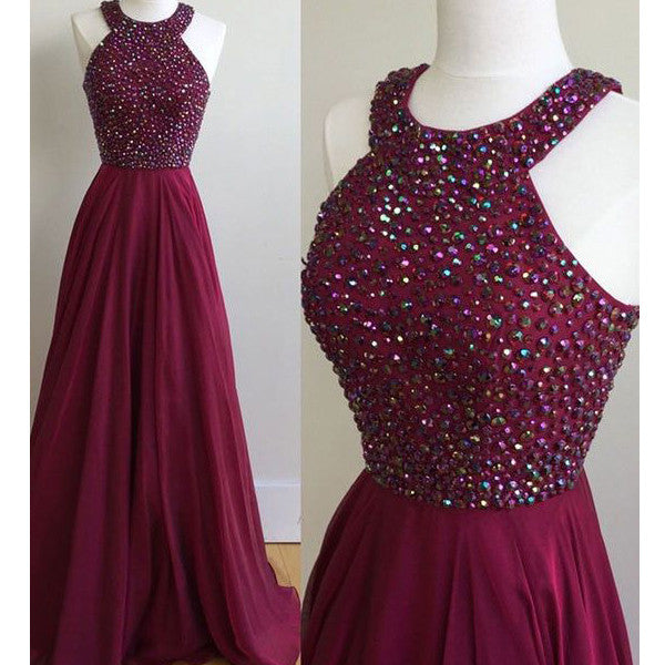 Dark Red A Line High Neck Beaded Long Evening Gowns Prom Dresses