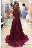 Dark Red A Line High Neck Beaded Long Evening Gowns Prom Dresses
