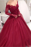Long Sleeves V Neck Burgundy Lace Ball Gown Prom Quinceanera Dresses