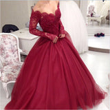 Long Sleeves V Neck Burgundy Lace Ball Gown Prom Quinceanera Dresses