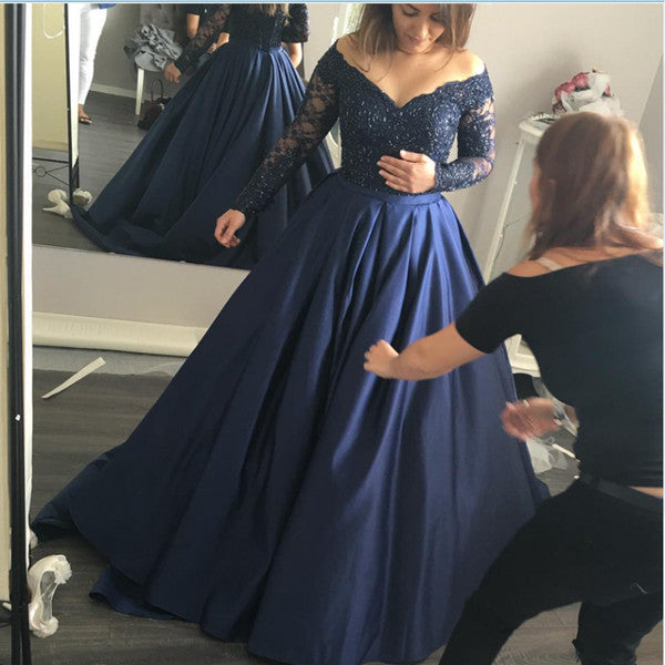 Lace Dark Blue Long Sleeves Quinceanera Dresses Evening Gowns Prom Dresses