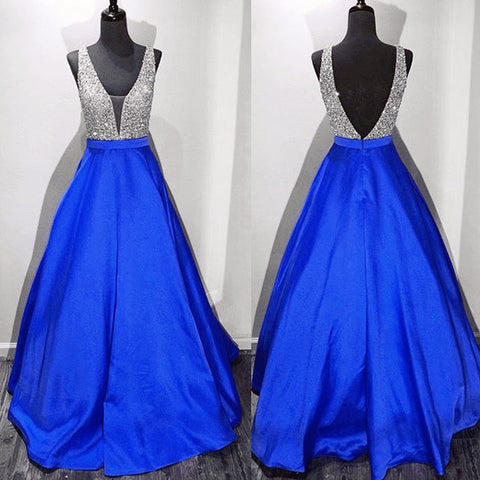 Backless Off the Shoulder Royal Blue Deep V Neck Evening Gowns Prom Dress