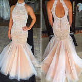 Mermaid Blush Pink High Neck Crystal Evening Gowns Prom Dresses