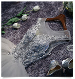 See Through A Line Grey Lace Appliques Tiered Tulle Homecoming Dresses Short Prom Dress