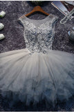See Through A Line Grey Lace Appliques Tiered Tulle Homecoming Dresses Short Prom Dress