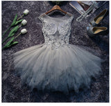See Through A Line Grey Lace Appliques Tiered Tulle Homecoming Dresses Short Prom Dress