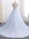 Real Picture Light Blue Off the Shoulder V Neck Backless Prom Dresses Evening Formal Dress